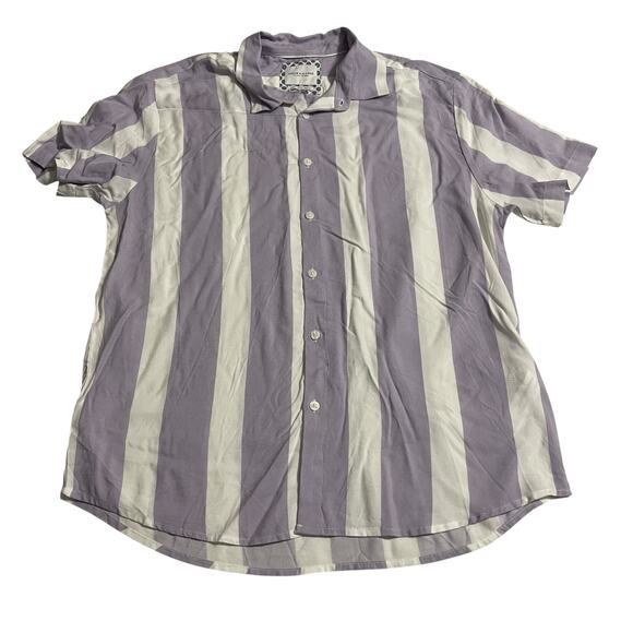 Denim & Flower Mens Button Up Shirt Size Large Purple White Stripes Short Sleeve - Picture 4 of 12